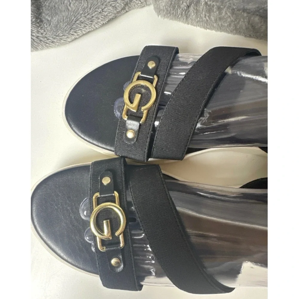 G by Guess GBG Black‎ Elastic Ankle Strap Sandals Wedges Gold Logo Accent 8.5